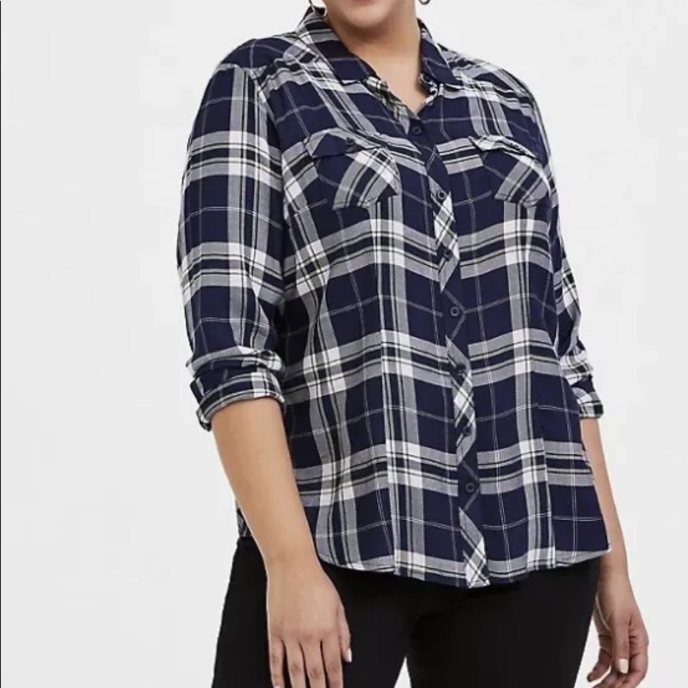 Torrid Plus Size Blue, White & Green Button Up Slim Fit Plaid Shirt - Size 3